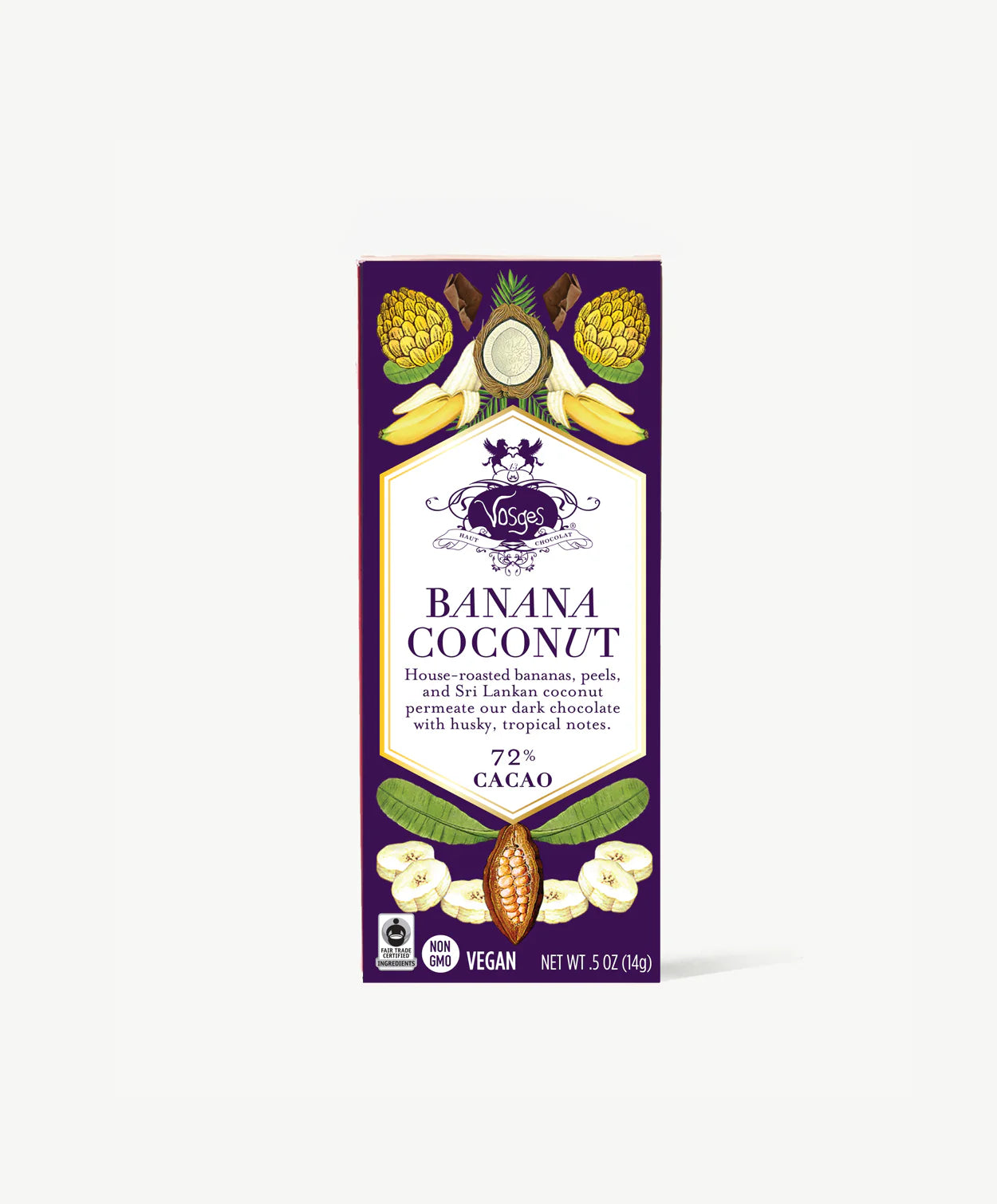 Vosges Haut-Chocolat Banana Coconut chocolate bar packaging on a white background