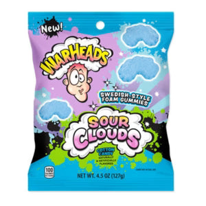 A bag of Warheads Sour Clouds Swedish Style Foam Gummies, featuring a bright blue and purple packaging design with cartoon graphics of the Warheads character and blue cloud-shaped gummies.