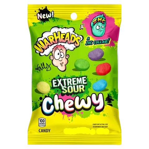 Warheads Extreme Sour Chewy candy package with colorful design and text