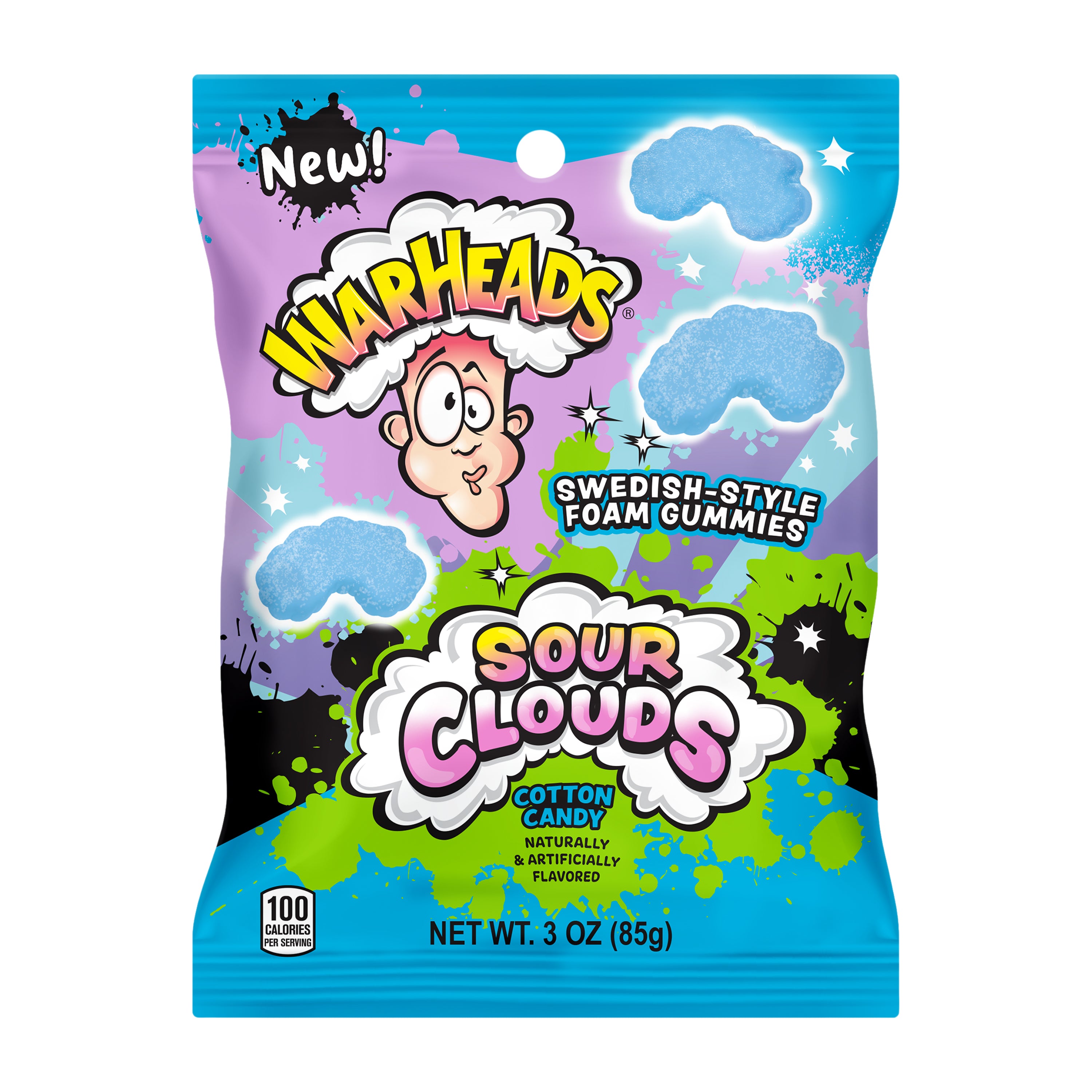 Colorful packaging of Warheads Sour Clouds Swedish-style foam gummies on a white background
