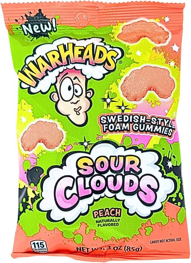 Warheads Sour Clouds Peach gummy candy package with colorful design