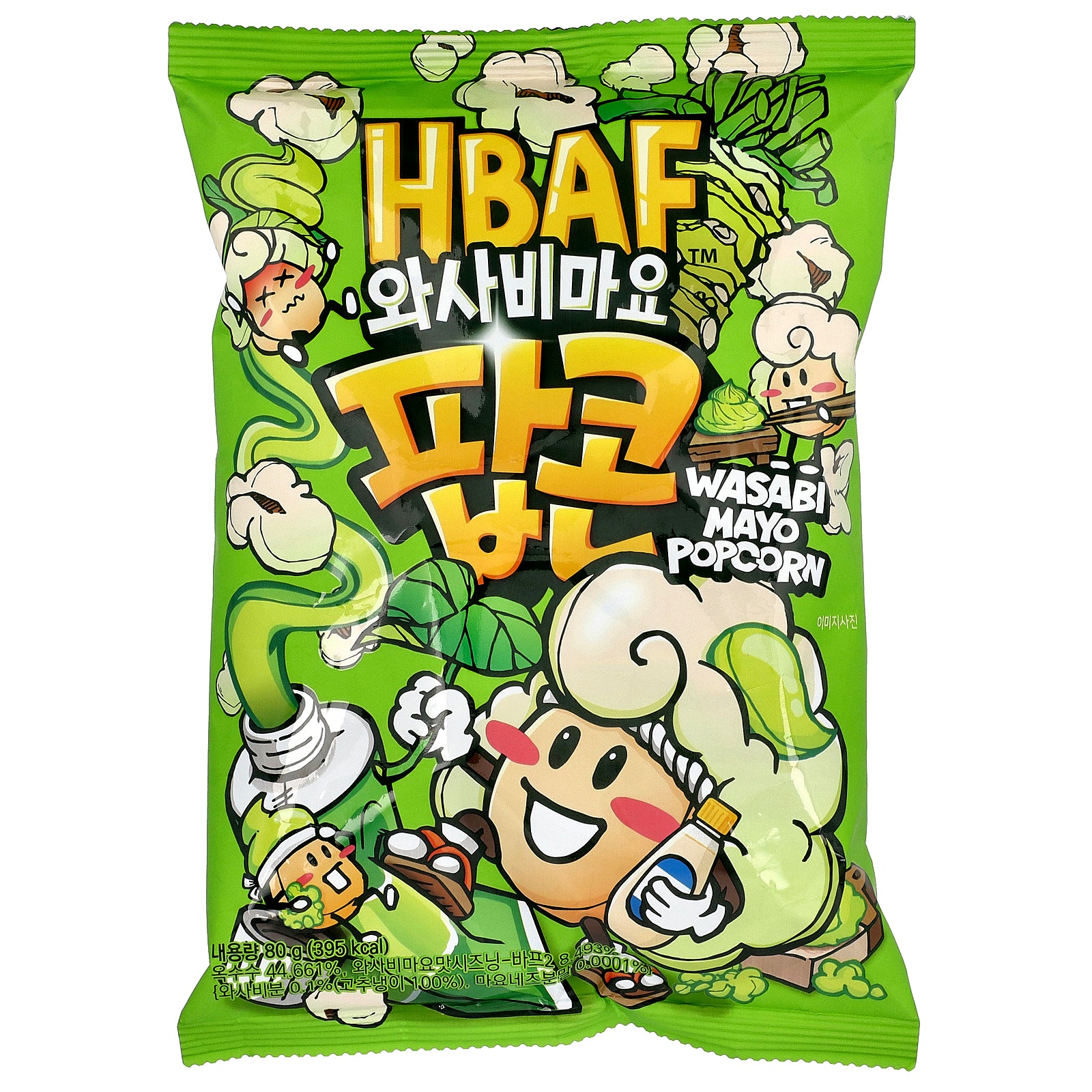 Packaged popcorn with cartoon characters on a green background