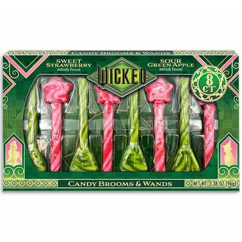Box of Wicked candy brooms and wands with green and pink colors on a white background