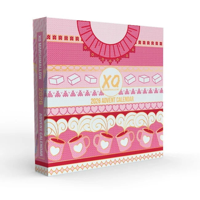 Angled view of the XO Marshmallow 2026 Advent Calendar showcasing pink patterned packaging with a white background