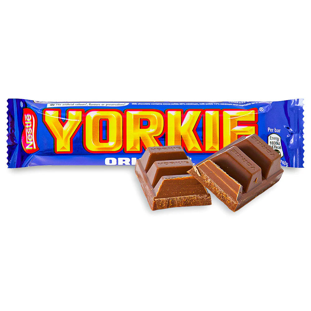 Nestle Yorkie chocolate bar with packaging on a white background