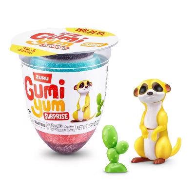 Gumi yum surprise toy with a meerkat figure and cactus on a white background