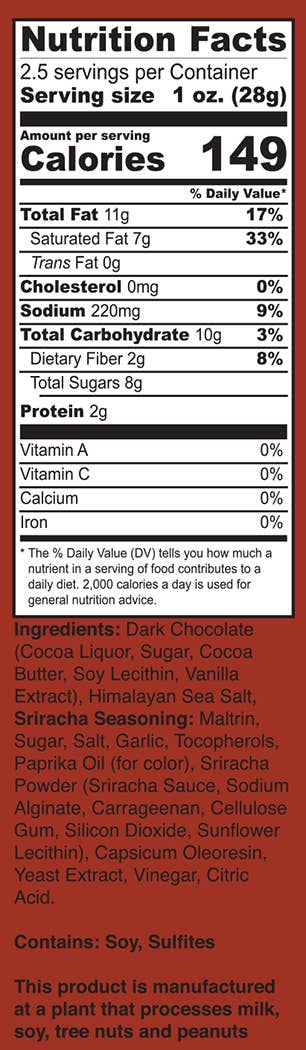 2.5 oz Sriracha 70% Dark Chocolate Bar