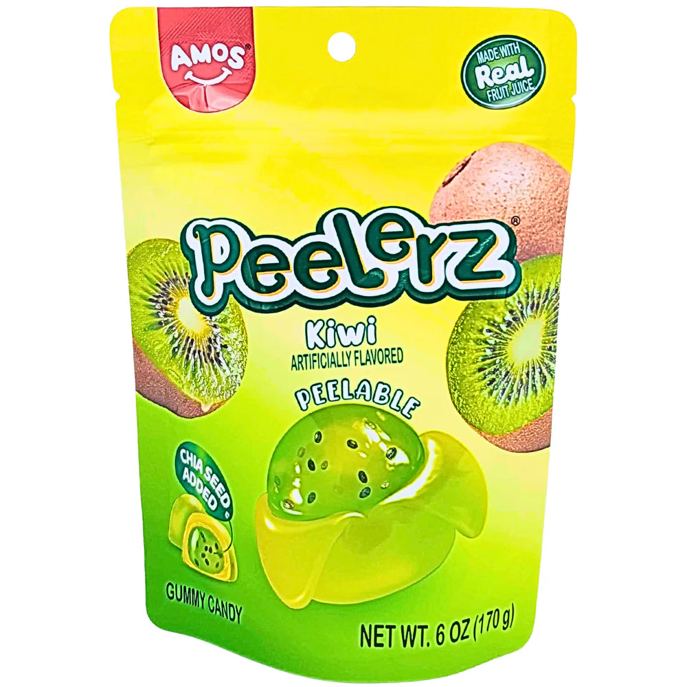 Packaging of Amos Peelerz Kiwi gummy candy with a yellow background
