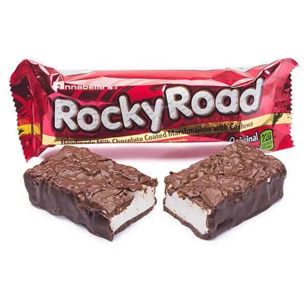 Anabelle's Rocky Road candy bars with packaging on a white background