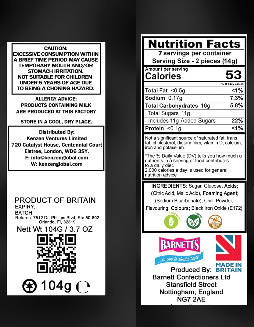 Nutrition label and product details on a black background