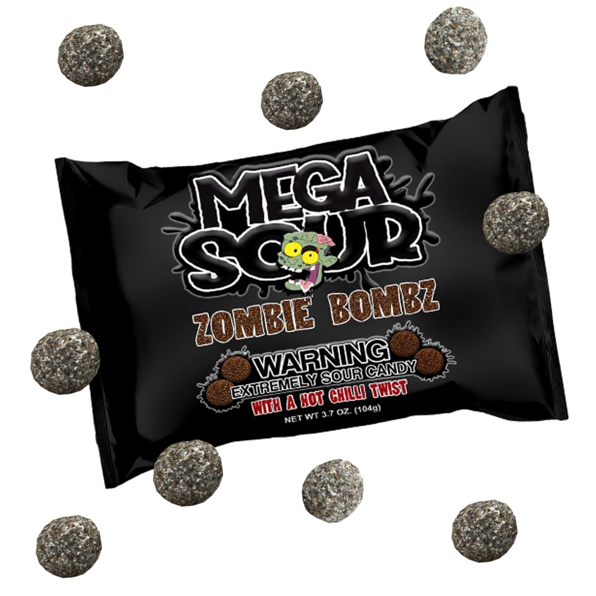 Black bag of Mega Sour Zombie Bombz candy with sour candy balls around it on a white background