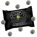 Black bag of Mega Squid Zombie Bombz candy with warning text and decorative silver glitter balls on a white background