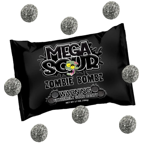 Black bag of Mega Squid Zombie Bombz candy with warning text and decorative silver glitter balls on a white background