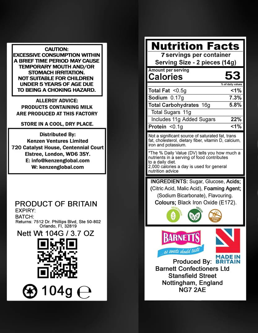 The back of a Barnett's Mega Sour Zombie Bombz package showing the official UK hot and sour ingredients list, product warnings, and nutritional information