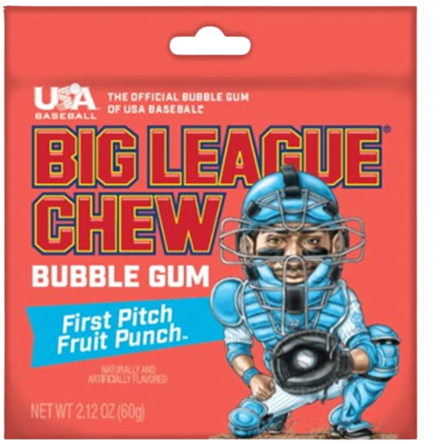 Big League Chew bubble gum package with a baseball player on a red background