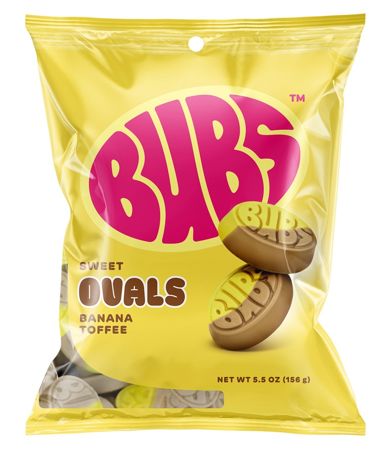 Yellow package of BUBS Sweet Ovals Banana Toffee on a white background