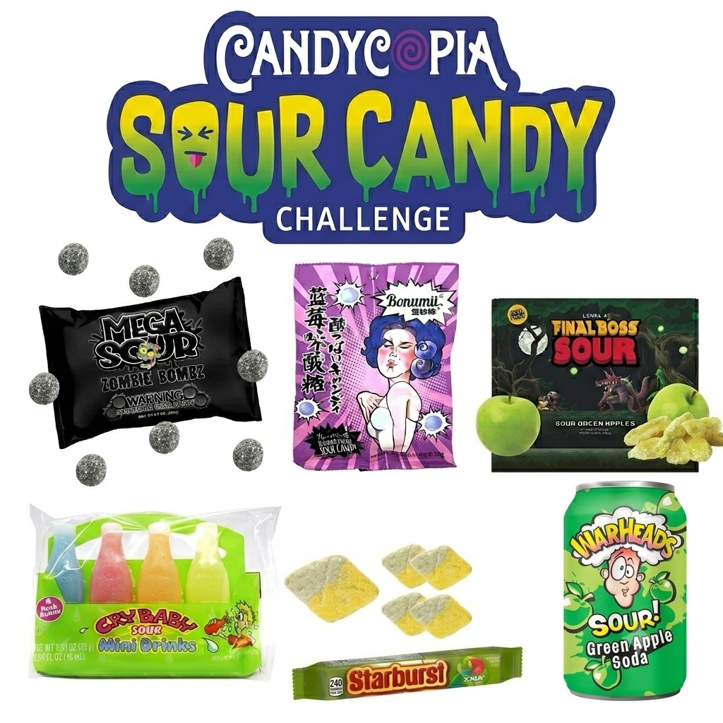 Front view of Candycopia Sour Candy Challenge 2026 kit showcasing six sour candy packs (Barnetts Mega Sour Zombie Bombs, Bonumii Sour Blueberry Candies, Final Boss Sour Level 4 Green Apples, Crybaby Sour Wax Bottles, BUBS Sour Tutti Frutti Rhombus, and Sour Starburst, plus 1 Warheads Sour Soda) and a "Sour Candy Challenge" logo on white background