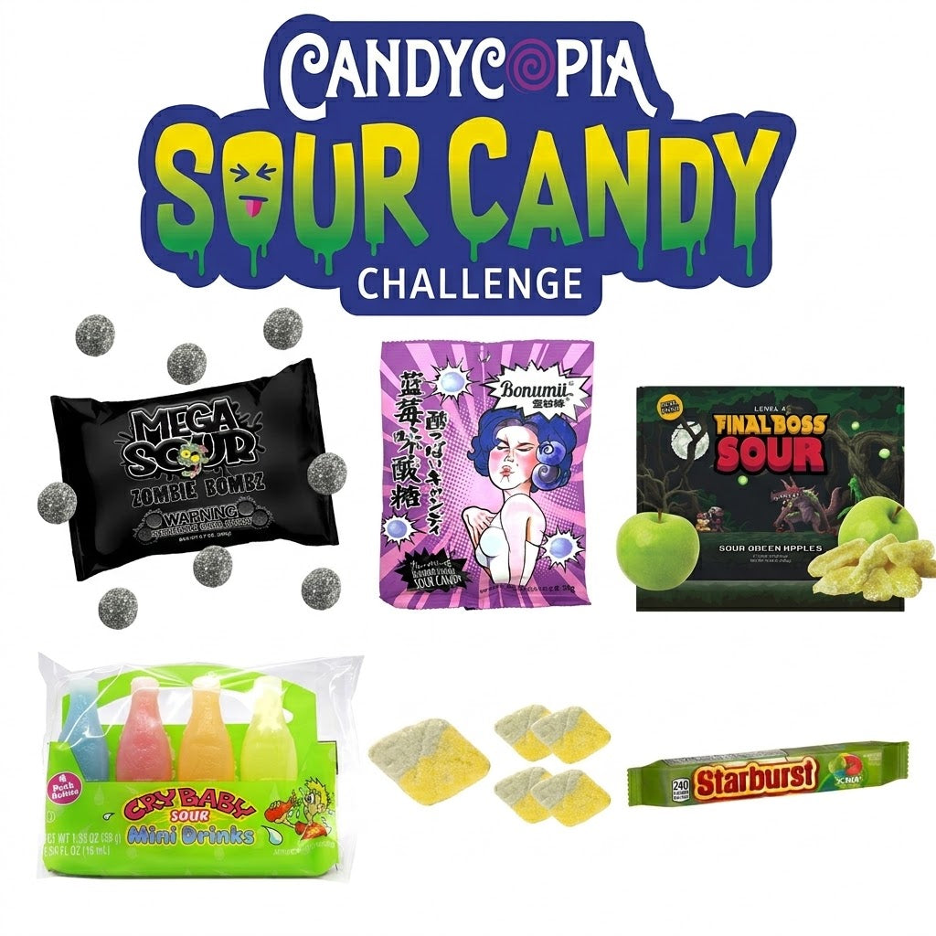 A product collage featuring the seven items included in the Candycopia 2026 At-Home Sour Candy Challenge, including BUBS Tutti Frutti, Barnett's Mega Sours, Final Boss Sour Level 4, and Warheads Sour Soda on a clean background