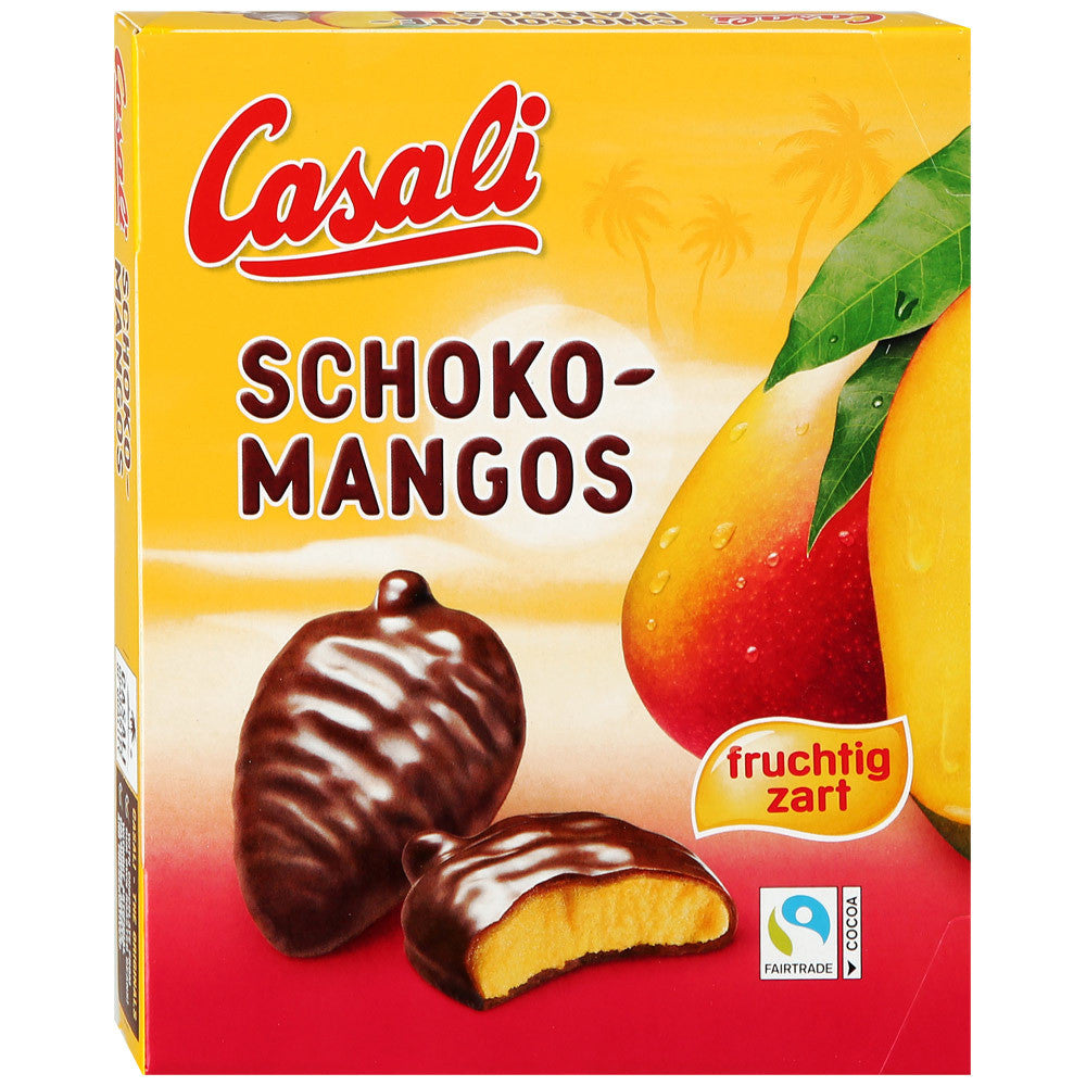 Box of Casali Schoko-Mangos with a chocolate-dipped mango on a yellow and red background