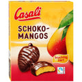 Box of Casali Schoko-Mangos with a chocolate-dipped mango on a yellow and red background