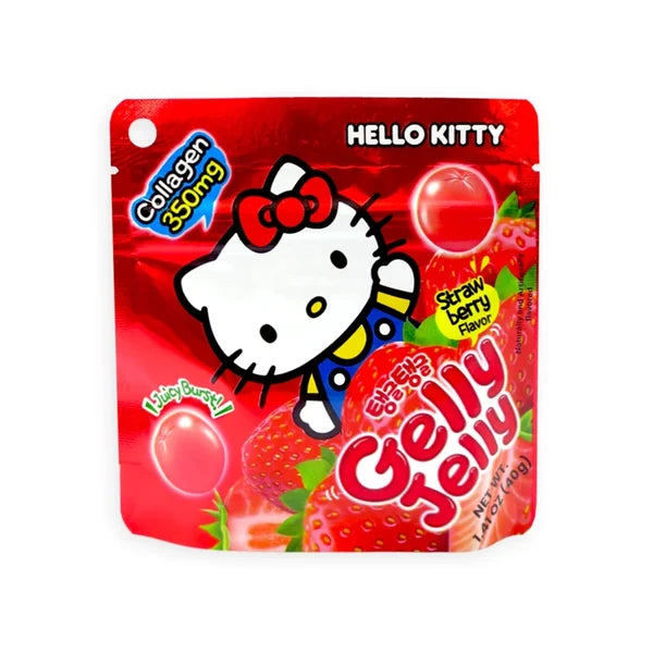 Hello Kitty Gummy Jelly candy in a red stand-up pouch with Hello Kitty graphics, strawberry illustrations, and text indicating strawberry flavor and collagen 330mg