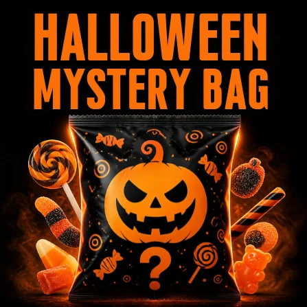 Front view of Halloween Mystery Bag showcasing a jack-o’-lantern design and assorted Halloween candies on a black background
