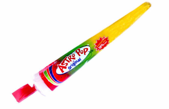 Angled view of Astro Pop rocket lollipop showing original wrapper and tapered three-flavor candy on white background