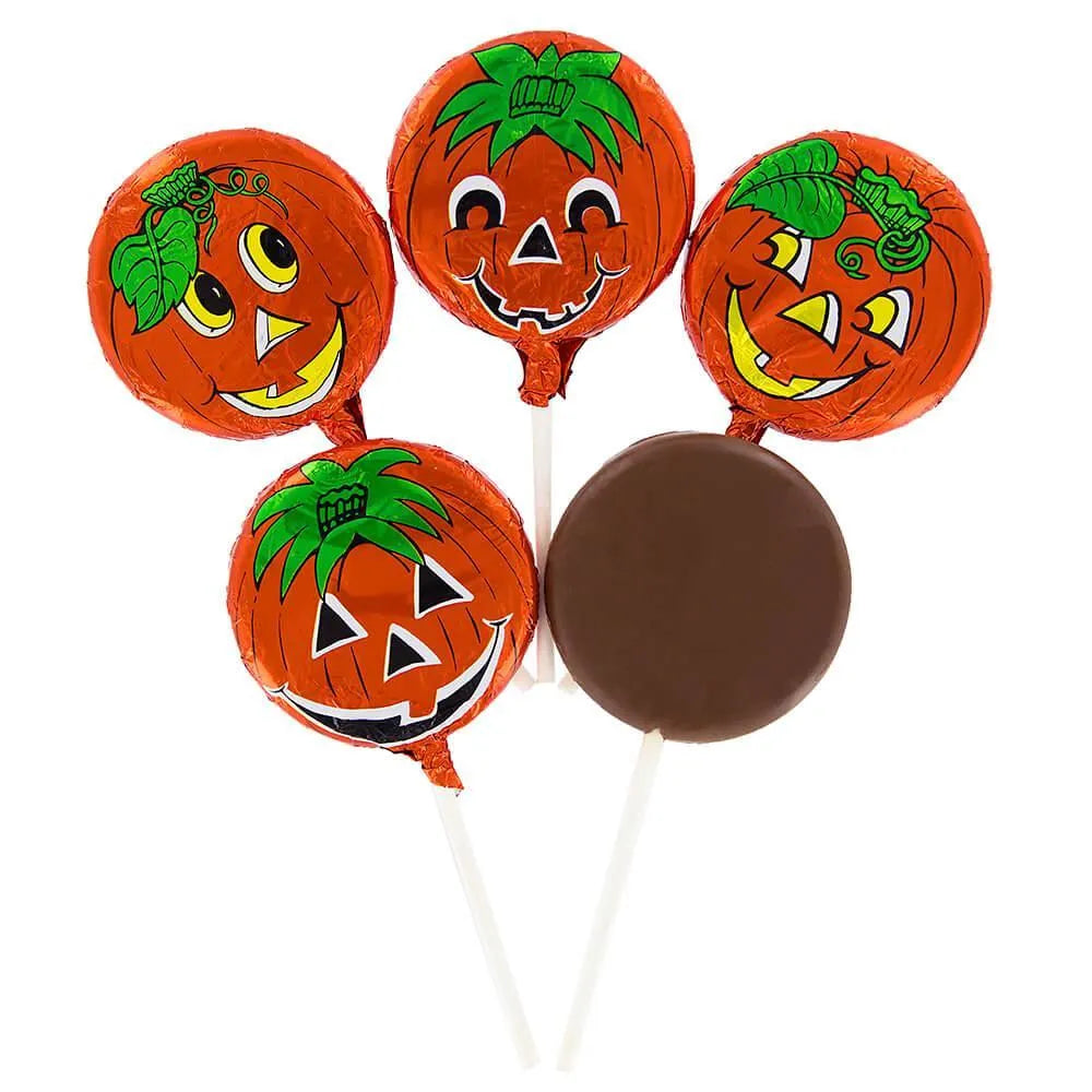Halloween-themed lollipops with pumpkin designs on a white background