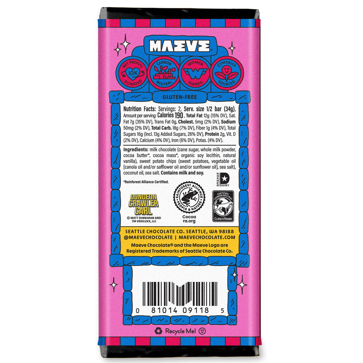 Back of Maeve Dungeon Crawler Carl Sweet Pota-toe Chips chocolate bar displaying nutrition facts, gluten-free certification, and ingredients