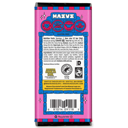 Back of Maeve Dungeon Crawler Carl Sweet Pota-toe Chips chocolate bar displaying nutrition facts, gluten-free certification, and ingredients