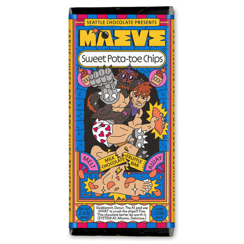 Front view of Maeve Dungeon Crawler Carl Sweet Pota-toe Chips milk chocolate truffle bar wrapper featuring Carl artwork