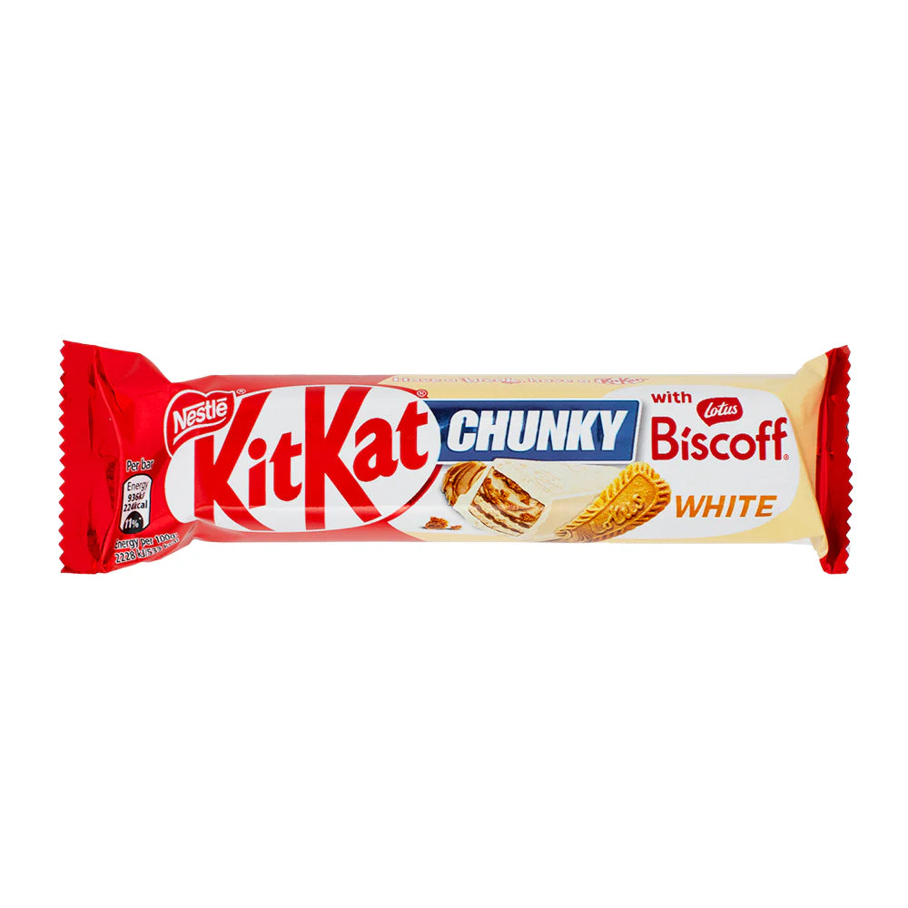 Kit Kat Chunky with Biscoff White chocolate bar packaging on a white background