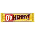 Front view of Oh Henry! Chocolate Bar in yellow wrapper showing large Oh HENRY! logo and 58 g weight on white background