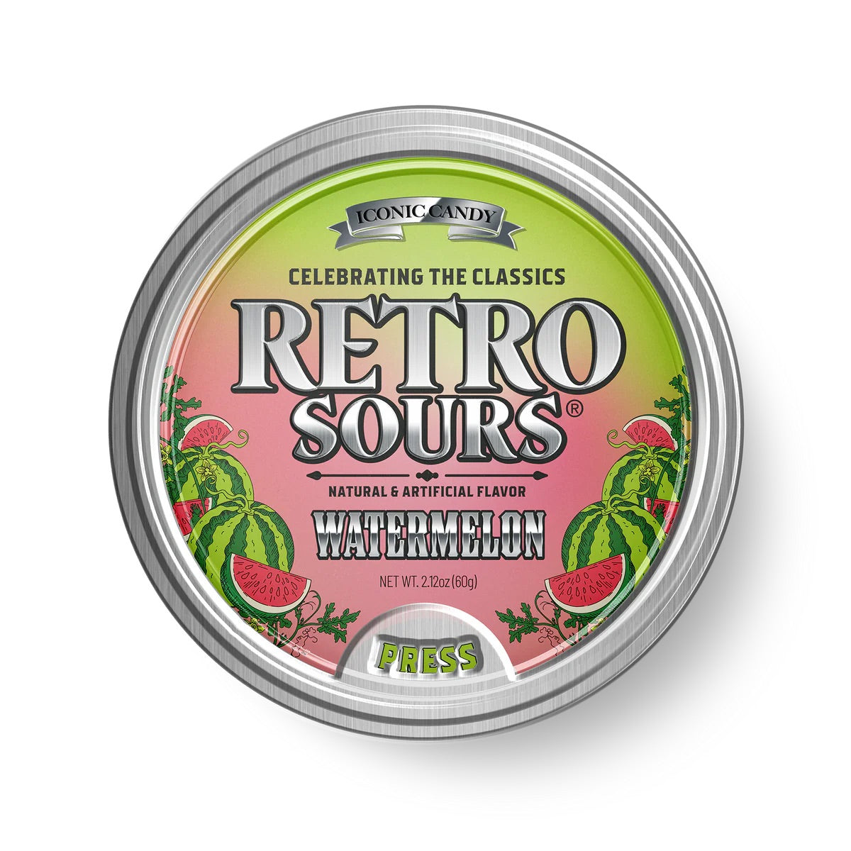Retro Sours watermelon flavor tin with colorful label on a white background