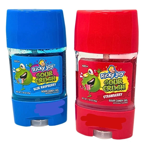 Two Ricki Joy Sour Crush candy gel stick containers side by side, one blue for Blue Raspberry and one red for Strawberry, on a white background
