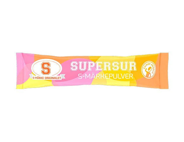 A single stick pack of S-supersweet sugar substitute powder, featuring a vibrant pink, yellow, and orange color-blocked design with white text and logo details