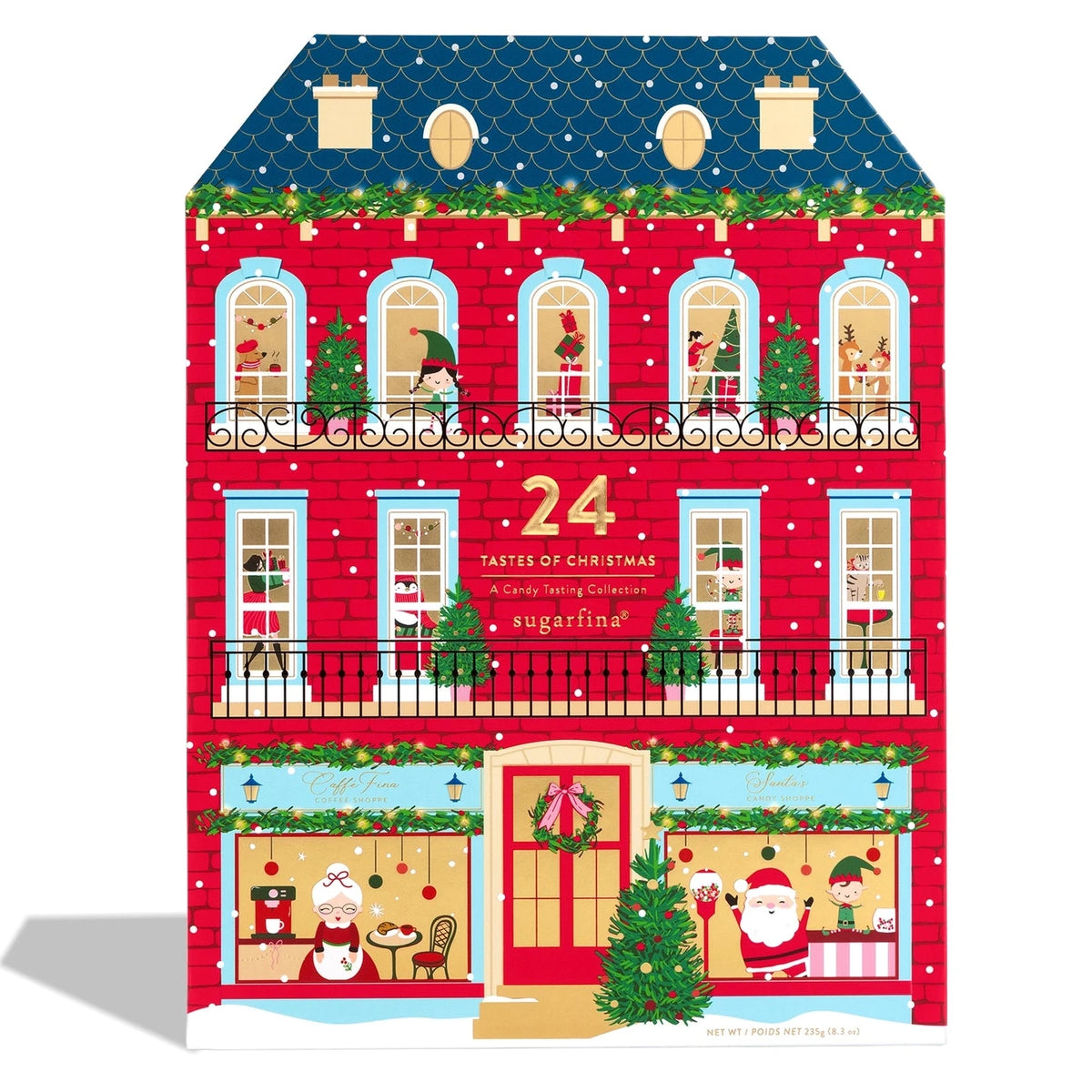 Sugarfina 24 Tastes of Christmas, Santa's Parisian Workshop Advent Calendar packaging with red brick townhome illustration, available at Candycopia