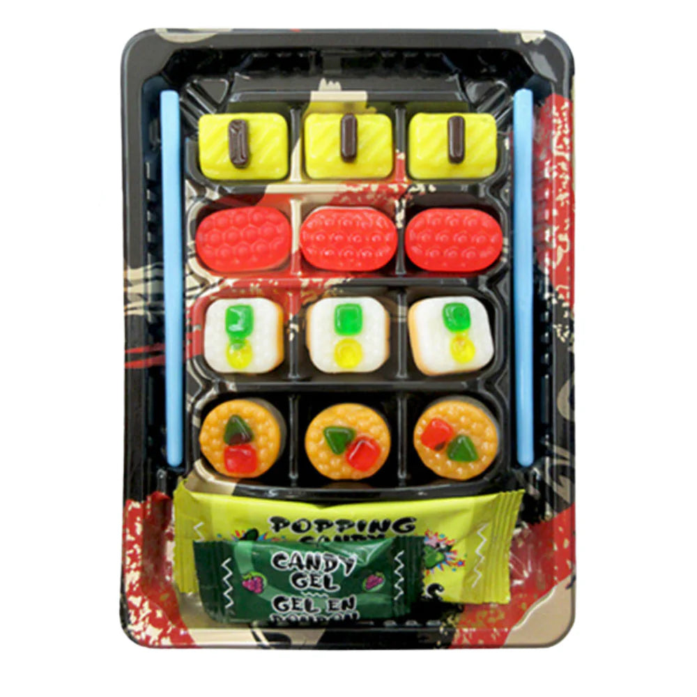 Packaged candy resembling sushi with colorful compartments on a white background