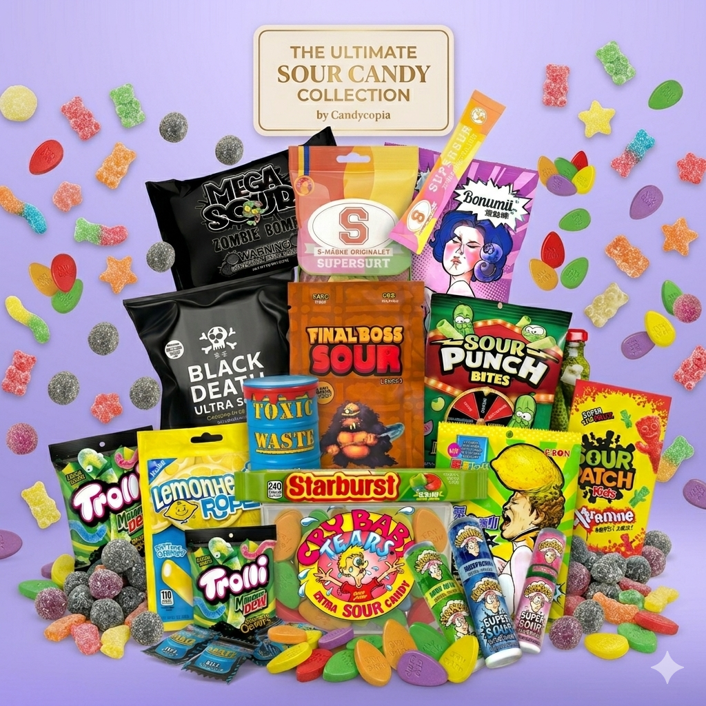 A square collage of 'The Ultimate Sour Candy Collection' by Candycopia, featuring a dense arrangement of 15 unique sour candy products like Toxic Waste, Sour Patch Kids, and Starburst Sour Chews on a light purple gradient background, surrounded by floating sour candies
