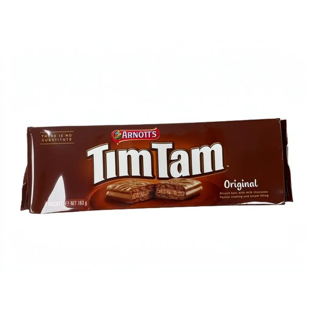 Front view of Tim Tam Milk Chocolate biscuit package showcasing chocolate biscuits on a white background