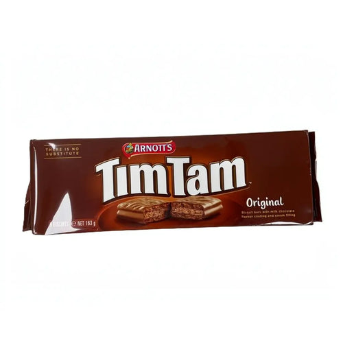 Front view of Tim Tam Milk Chocolate biscuit package showcasing chocolate biscuits on a white background