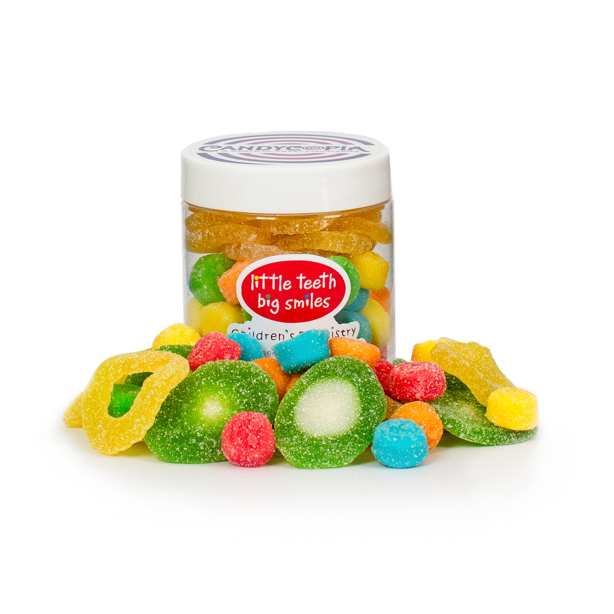 Front view of Custom-Logo candy cup showing colorful sugar-coated gummies and a white lid with a round custom logo sticker on white background